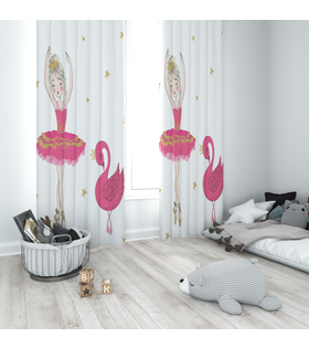 Minibabyrooms Pembe Balerin Kız ve Kuğu Desenli Fon Perde